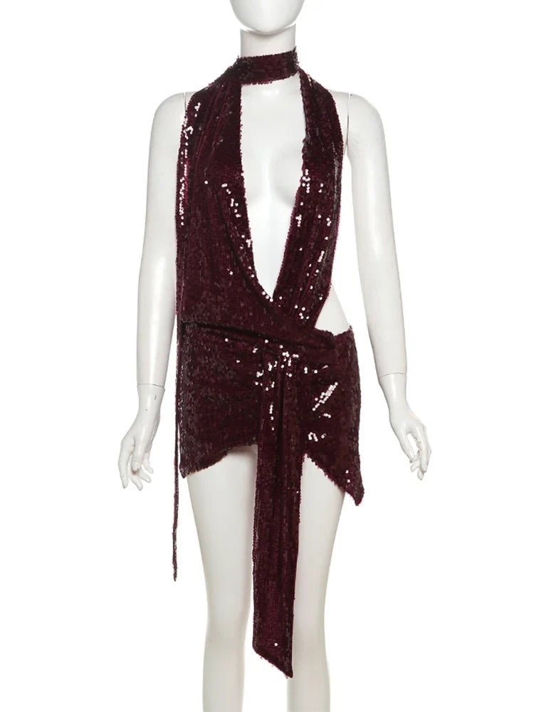 Coquettish Shiny Sequins Dress Women Halter Scarf+Sexy Deep V-Neck Backless Sleeveless Ruched Ribbon Club Hottie Outfits