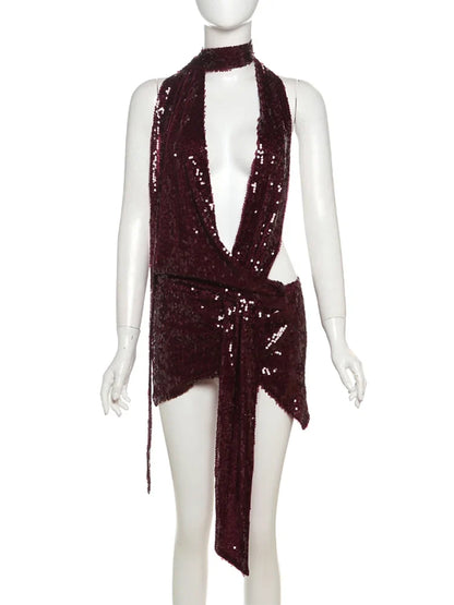 Coquettish Shiny Sequins Dress Women Halter Scarf+Sexy Deep V-Neck Backless Sleeveless Ruched Ribbon Club Hottie Outfits