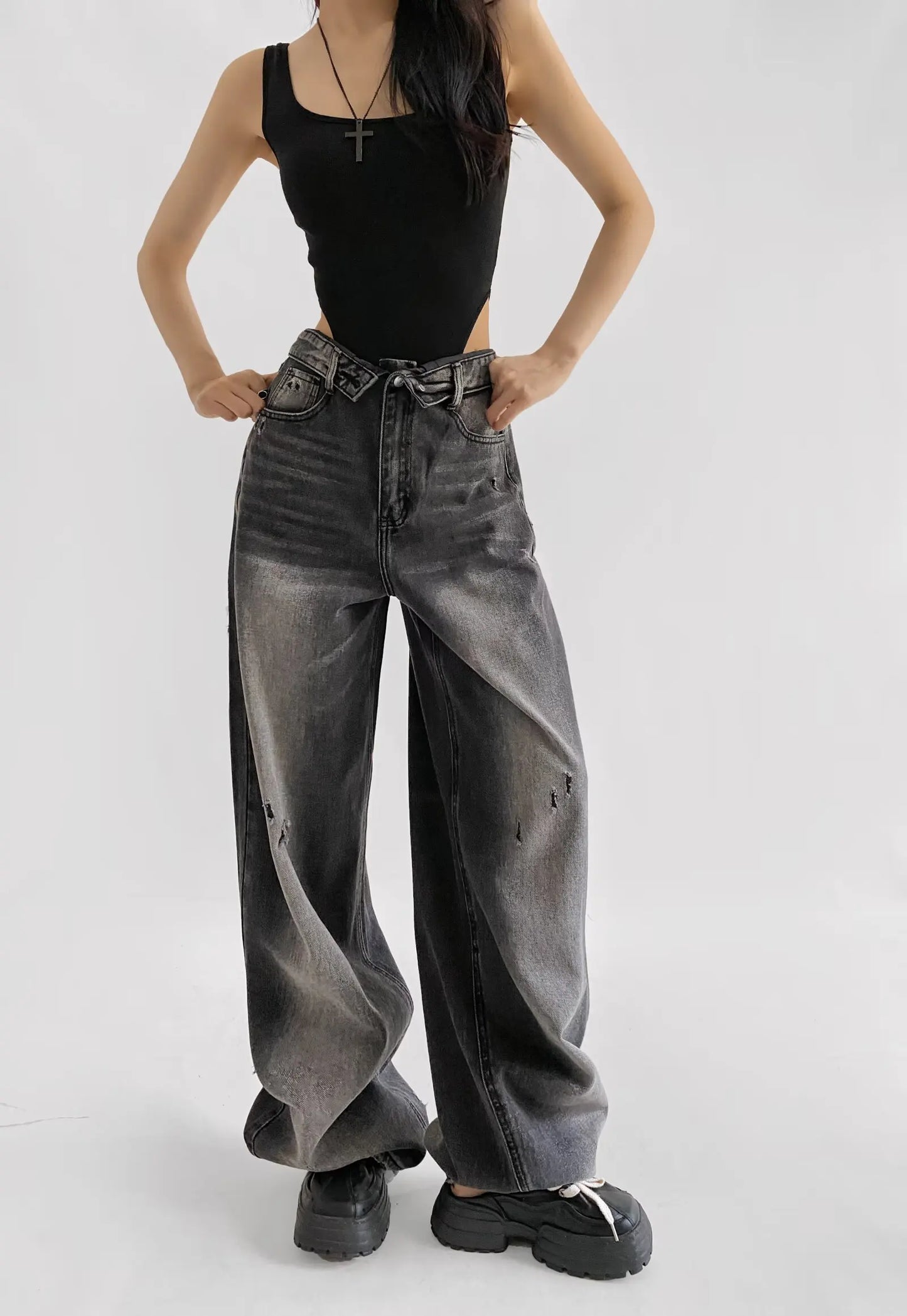 American Retro Cuffed High Waist Slimming Casual Denim Jeans Women's Autumn Versatile Loose Straight Leg Floor-Length Pants