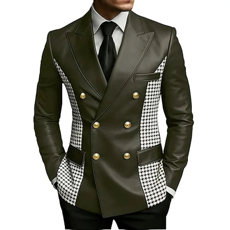 Men’s Brown Leather Blazer With Houndstooth Sides Vintage Two-Tone Double Breasted Slim Fit Gold Buttons Leather Tuxedo Jacket