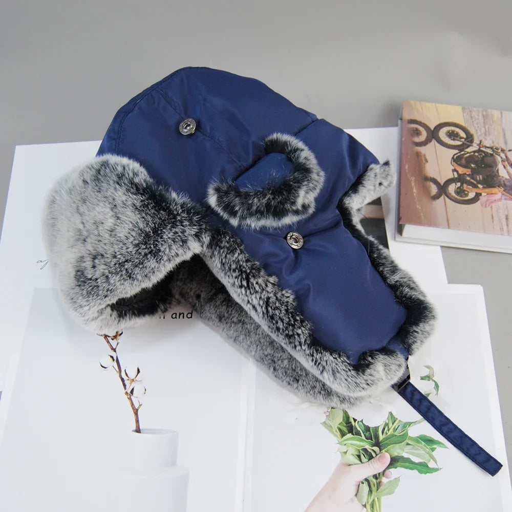 New Natural Soft Rex Rabbit Fur Caps Russia Winter Real fur Hat Men Outdoor Windproof Super Warm Real Rex Rabbit Fur Bomber Hats