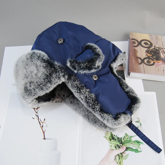 New Natural Soft Rex Rabbit Fur Caps Russia Winter Real fur Hat Men Outdoor Windproof Super Warm Real Rex Rabbit Fur Bomber Hats