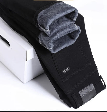 2025 New Winter Pure Black Fleece Thick Warm Jeans Men's loose Straight Elastic Denim Pants classics Casual Plush Trousers