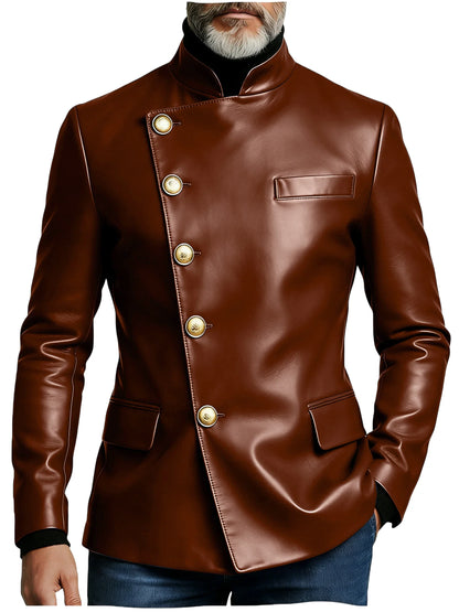 Vintage Men's PU Leather Blazer Slim Fit Double Breasted Stand Collar Jacket Gold Button Business Casual Wedding Prom Suit Coat