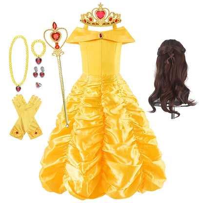 Yellow Princess Dress Halloween Cosplay Costumes Beauty and The Beast Kid Dress For 2-10Y Girls Birthday Party Children Clothing