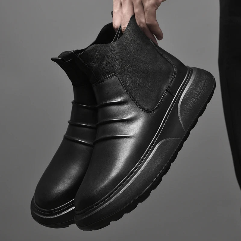 Luxury Brand Male Slip on Chelsea Boots Genuine Leather Mens Warm Winter Shoes High Quality Ankle Boots Men Handmade Snow Boots