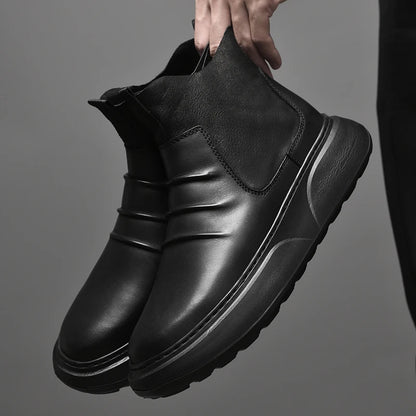 Luxury Brand Male Slip on Chelsea Boots Genuine Leather Mens Warm Winter Shoes High Quality Ankle Boots Men Handmade Snow Boots