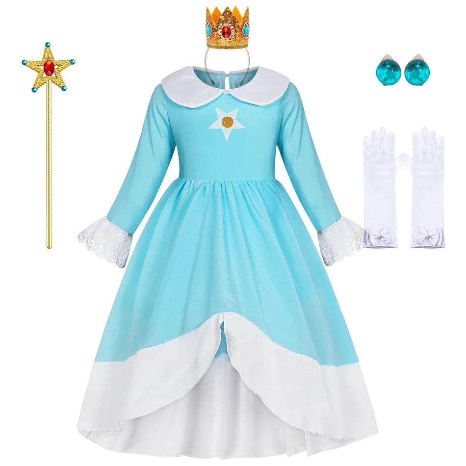 Rosalina Dress Girls Peach Children Halloween Costume Game Role Play Princess Dress Long Sleeve