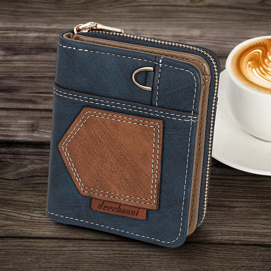 Nouveau Portefeuille Minimaliste Pliable Bifold avec Fermeture Éclair pour Hommes Américains et Européens, en Patchwork, Mince, pour Billets et Monnaie