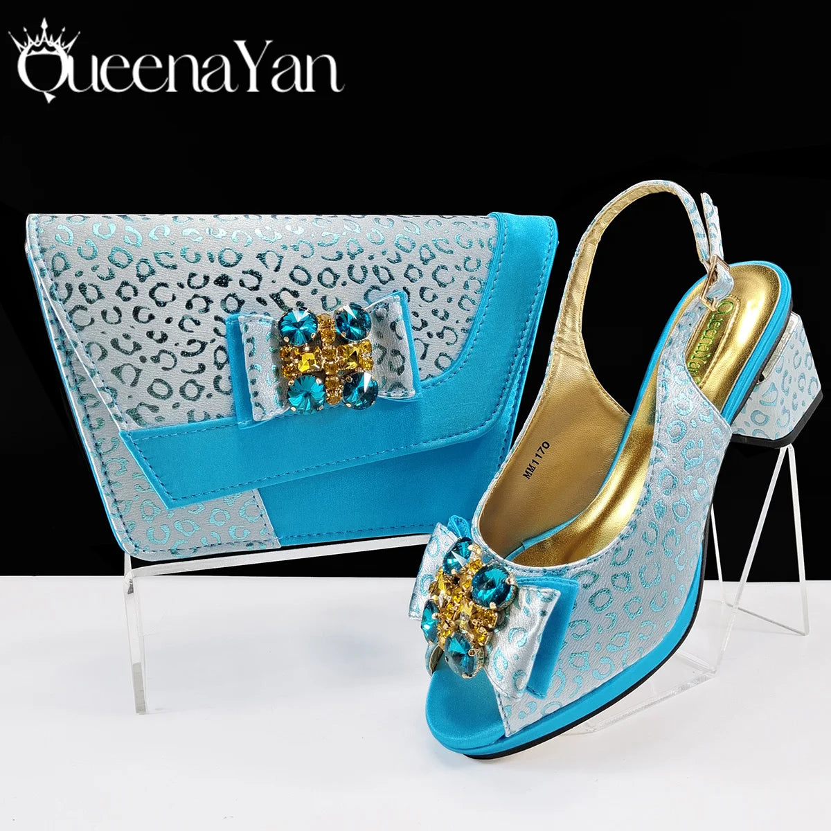 Queena Yan  2025 Shiny Italian Fashion Pointed Toe Women Heel Fashion Rhinestone Decoration Pink Color Shoes And Bag Set