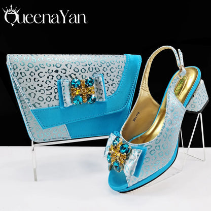 Queena Yan  2025 Shiny Italian Fashion Pointed Toe Women Heel Fashion Rhinestone Decoration Pink Color Shoes And Bag Set