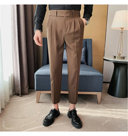 British Style Twill Pleat Design Naples High Waist Casual Trousers Fashion Man Slim Simple Social Party Suit Pant Plus Size 38