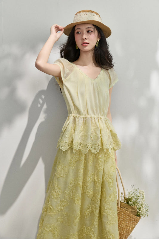 Yellow Elastic Waist Flower Appliques Skirt For Women 2026 Summer Floral Loose Elegant Gentle A-Line Skirt MXF25B2533