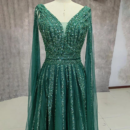 A Line Shinning V Neck Evening Dresses For Wedding Party Long Luxury 2022 Sequined Formal Prom Dress Dubai Party Gown Customized