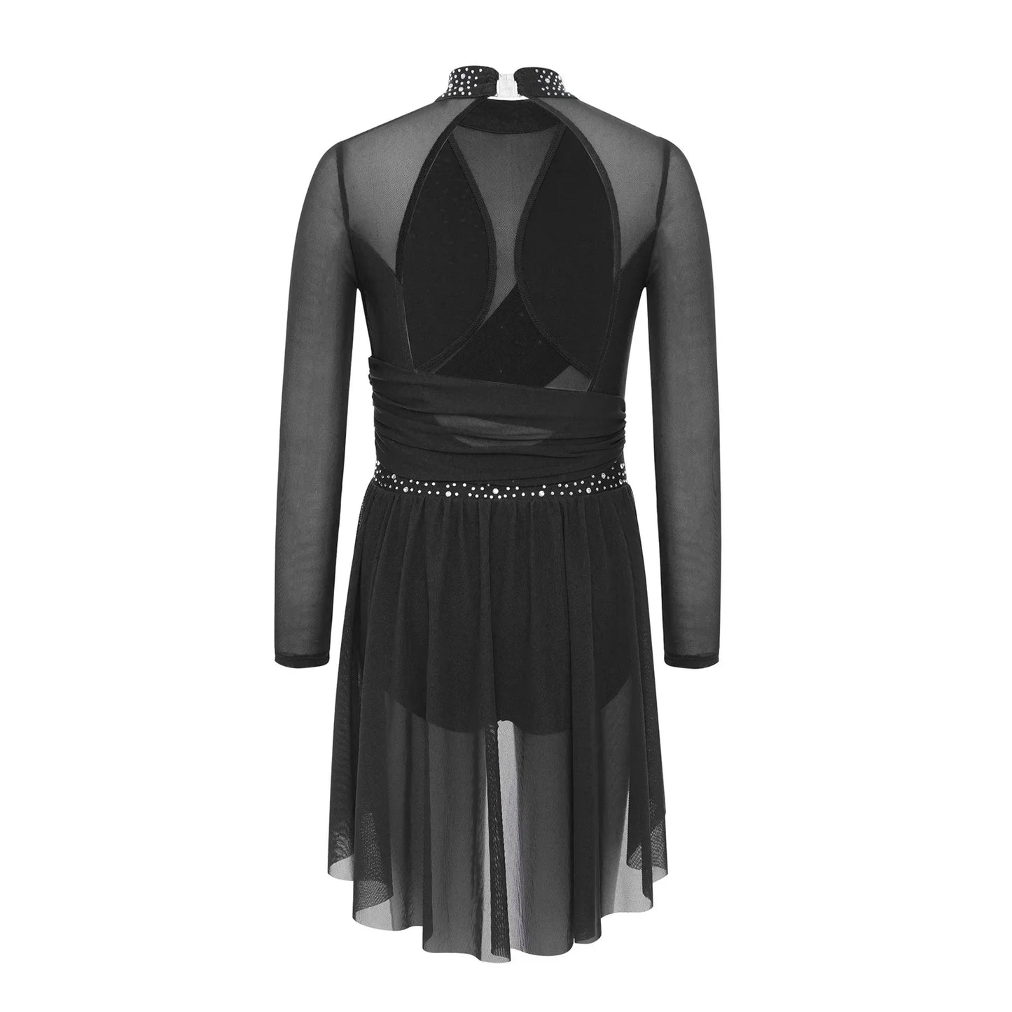 Kids Girls Gymnastics Figure Skating Ballet Lyrical Dance Costume Dress Side Split Sheer Mesh Ruched Glittery Rhinestones Dress