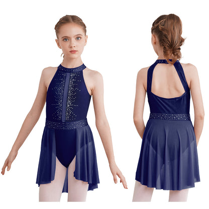 Kids Girls Gymnastics Figure Skating Ballet Lyrical Dance Costume Dress Side Split Sheer Mesh Ruched Glittery Rhinestones Dress