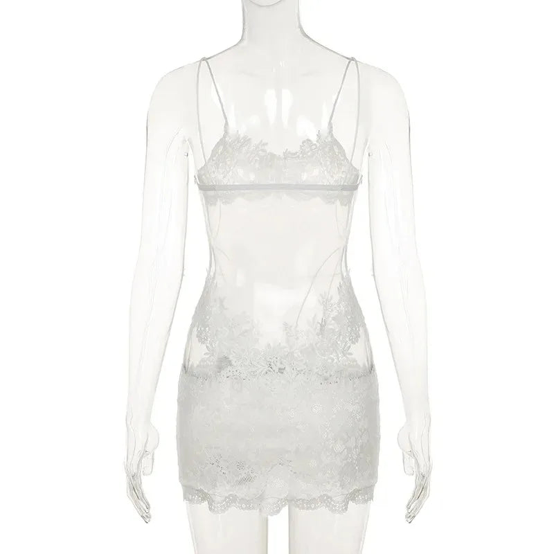 Lace Transparent Mini Dress Sexy Women Wrapping Spaghetti Embroidery Flower Sheath Nightwear Club Mesh Wave Fantacy