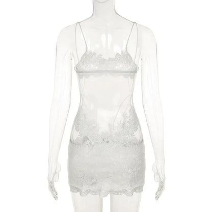 Lace Transparent Mini Dress Sexy Women Wrapping Spaghetti Embroidery Flower Sheath Nightwear Club Mesh Wave Fantacy