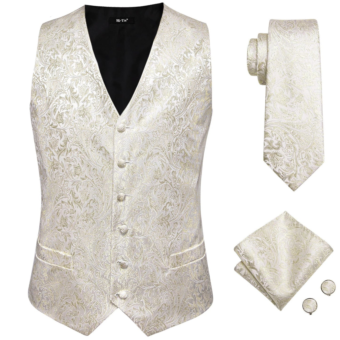 Designer Beige Champagne Ivory Khaki Mens Vest Necktie Set Jacquard Waistcoat Jacket Tie Hankerchief Cufflinks for Men Gift