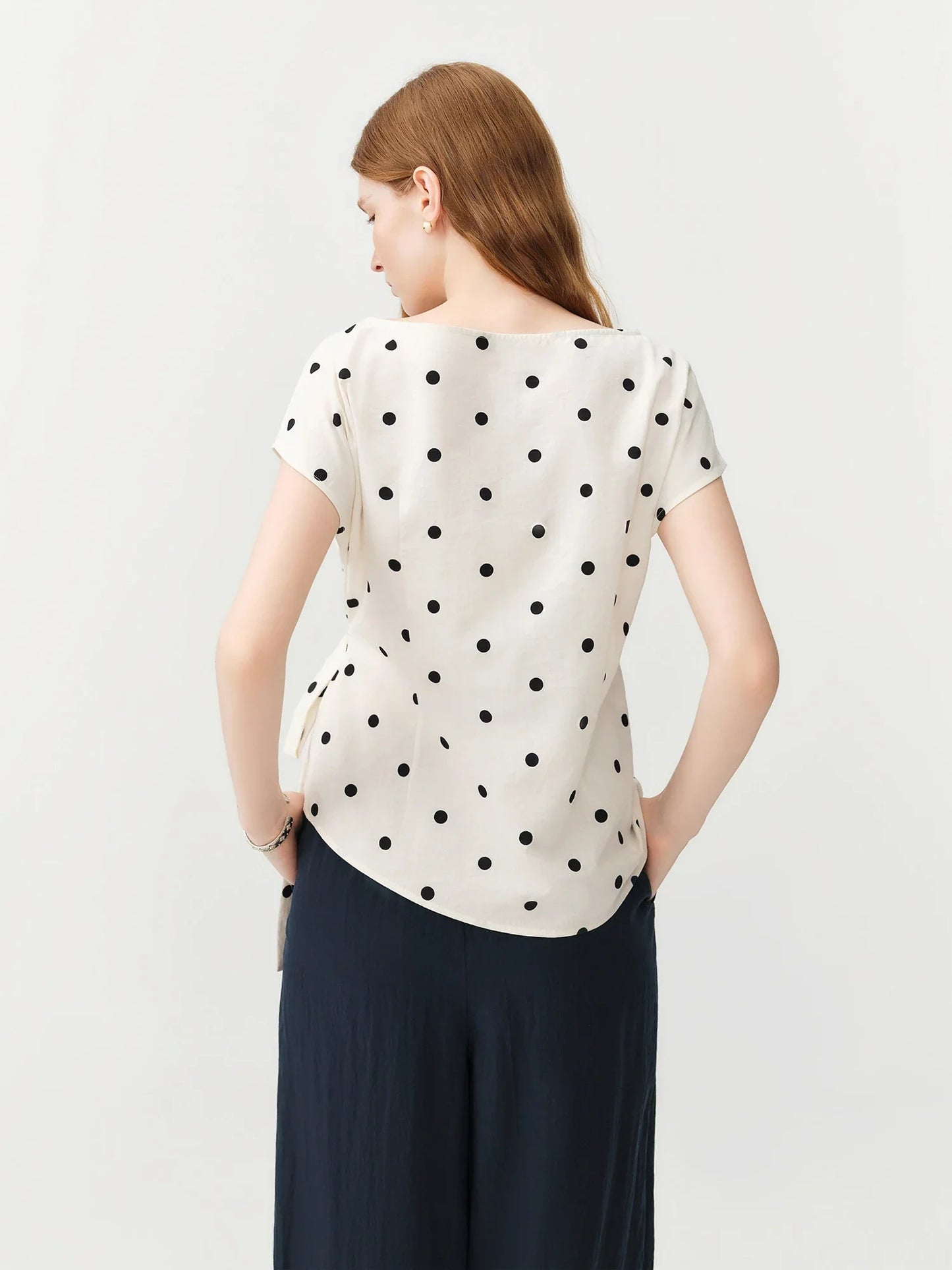 2026 Summer Women‘s Slash Neck Tie-Waist Polka Dot Short Sleeves Blouse Front-Knot Shirt French Office Chic Coquette Style