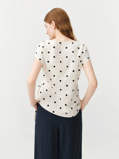 2026 Summer Women‘s Slash Neck Tie-Waist Polka Dot Short Sleeves Blouse Front-Knot Shirt French Office Chic Coquette Style