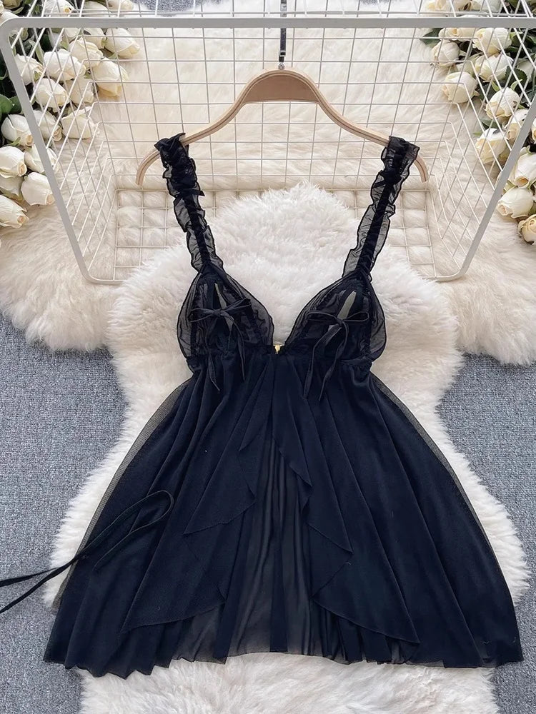 Woman Fashion Sexy Strap Dress New Sleeveless Slim Floral Print Mini Dress Comfortable Breathable Mesh Lace Mini Dress