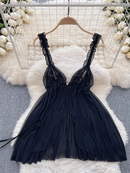 Woman Fashion Sexy Strap Dress New Sleeveless Slim Floral Print Mini Dress Comfortable Breathable Mesh Lace Mini Dress