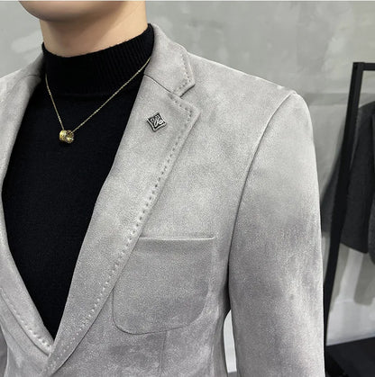 Men's Deerskin Fleece Suit Jacket 2025 Spring New High Quality Single Button Slim Fit Business Casual Suit Coat  Men Clothing
