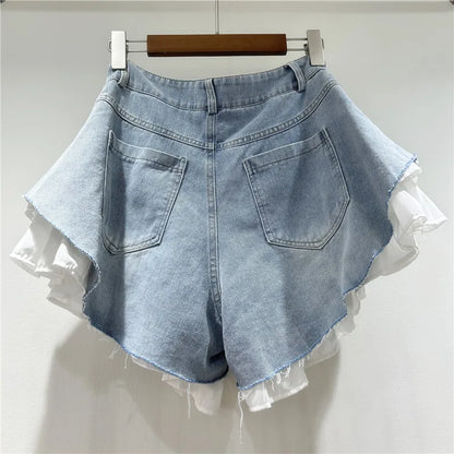 New Fashion Women's Patchwork Hem Wash Denim Shorts 2025 Summer Trendy High Waist A-line Short Pants Female 1LS1393
