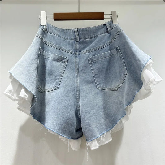 New Fashion Women's Patchwork Hem Wash Denim Shorts 2025 Summer Trendy High Waist A-line Short Pants Female 1LS1393