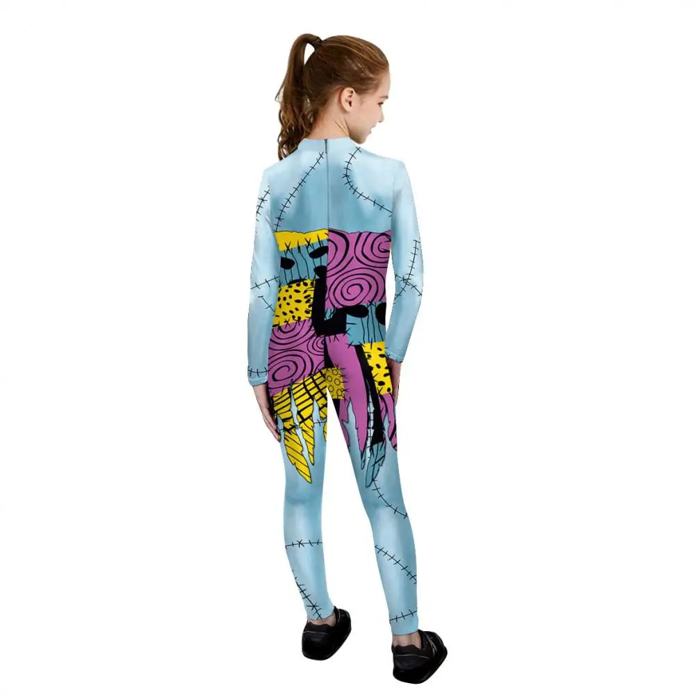 Halloween Nightmare Sally Costume Patchwork Pattern Bodysuit Fancy Disguise Suit Carnival Party Girls Zentai Catsuit