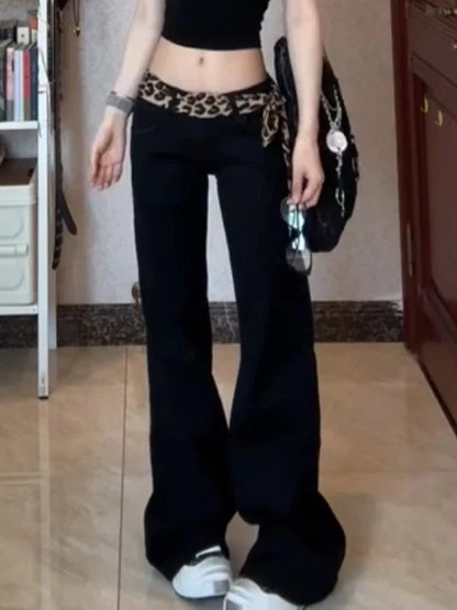 Women  Dark Academia Korean Slim Harajuku Y2K Low Rise Denim Flare Pants 2000s Kpop Bell-Bottom Long Trousers Abi Black Jean