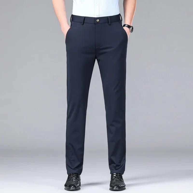New Summer Men's Ice Silk High Stretch Business Suit Pants Male Army Green Blue Elastic Formal Office Straight Formal Trousers