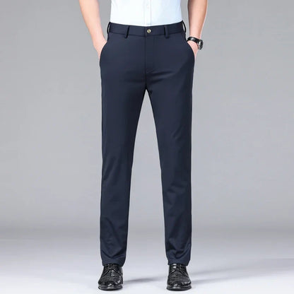New Summer Men's Ice Silk High Stretch Business Suit Pants Male Army Green Blue Elastic Formal Office Straight Formal Trousers