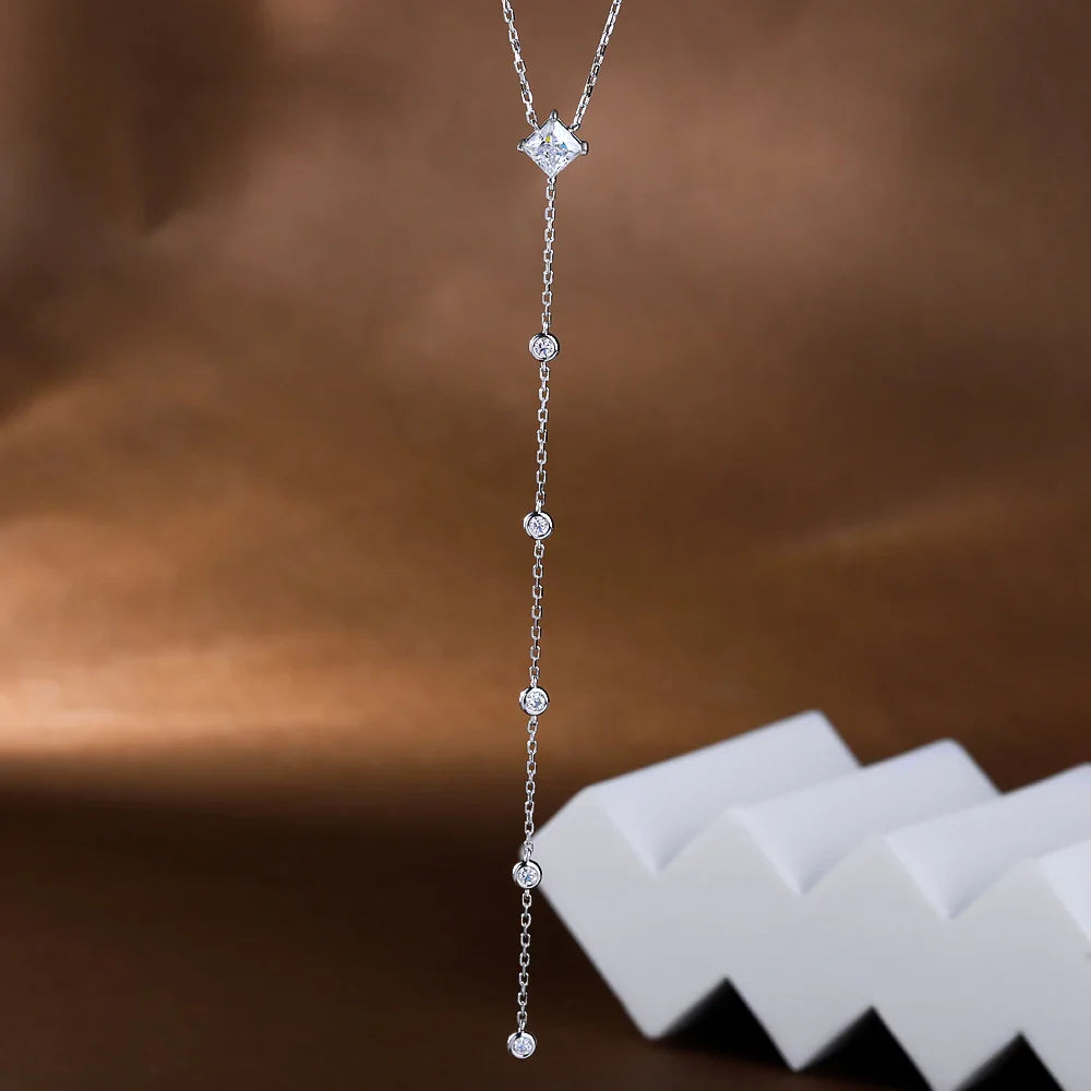1carat Princess Cut Moissanite Lariat Necklace with Round Bubble Pendant Necklace Y-shape S925 Silver Square Neckchain for Women