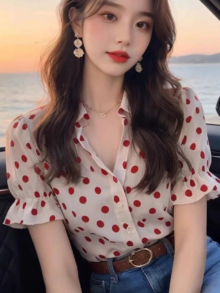 2025 Summer Sweet Blouses Polka Dot Single Breasted Tops Turn Down Collar Puff Sleeve Shirts Fashion All Match Women's Clothing