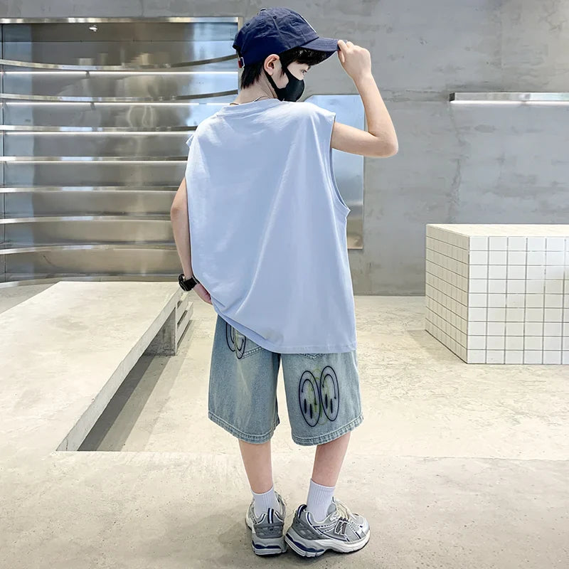 2025 New Summer Outfit Sets for Boys Sleeveless Tshirt And Denim Shorts 2 Pieces Tracksuit Kids Child Stylish Sports Suits 5-14Y