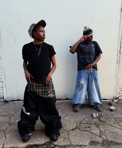 Y2k Slanted Runway Baggy Jeans Retro Plaid Patchwork Men Women Wide Leg Pants American Hip Hop Streetwear Unisex Casual Jeans
