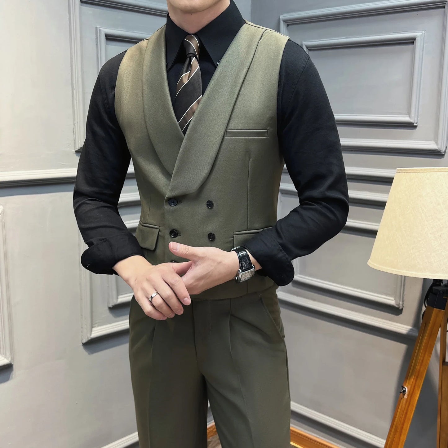 ( Vest + Pants) High-end Brand Solid Color Suit Vest 2 pieces Men Luxury Double Breasted Design Fashion Vest Set Club Clothing