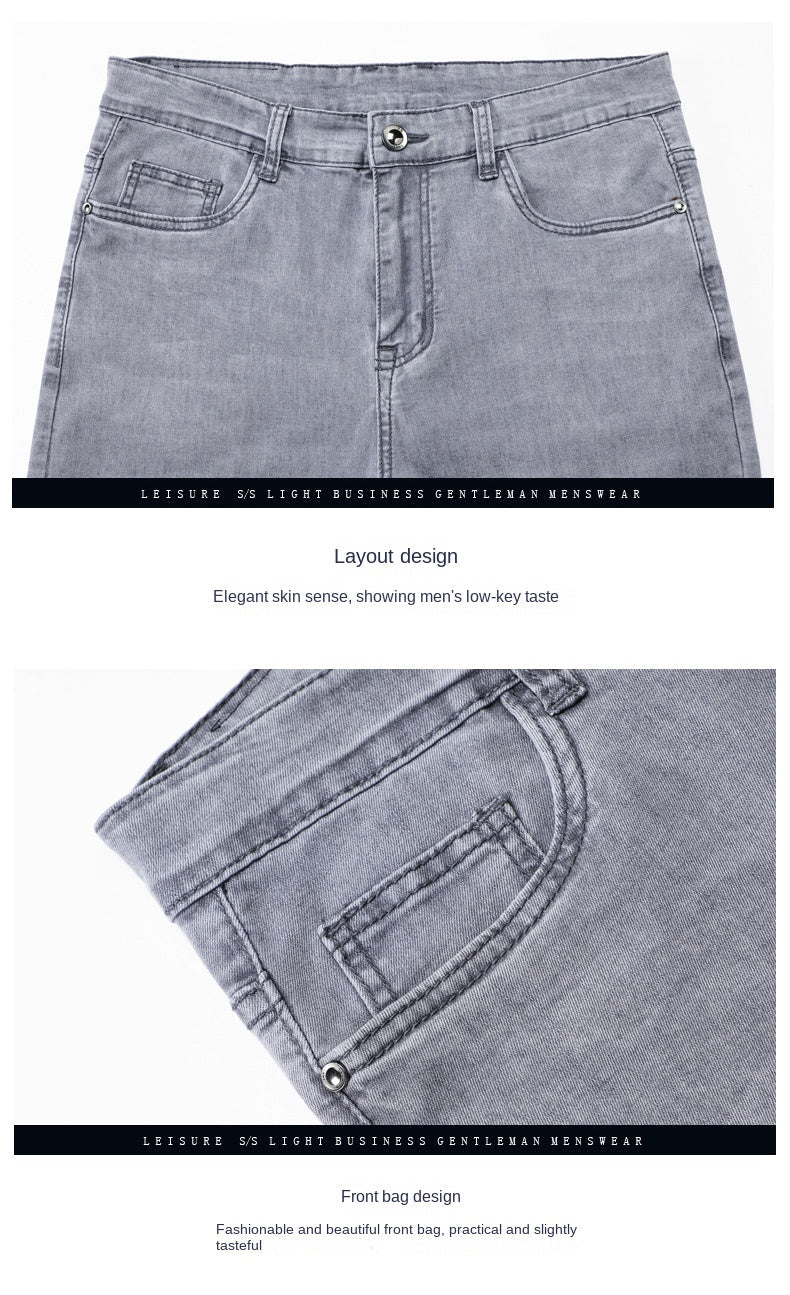 2024 Brand Thin or Thick Material Straight Cotton Stretch Denim Men's  Business Casual High Waist Light Grey Blue Jeans