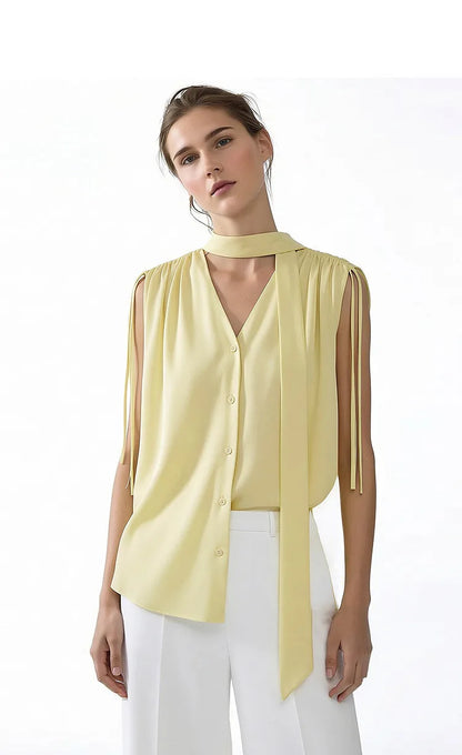 Sleeveless Women's Blouse 2026 Summer New Tie Neck Chiffon Top Flowy Loose Elegant Chic Office Shirt For Women 12642121