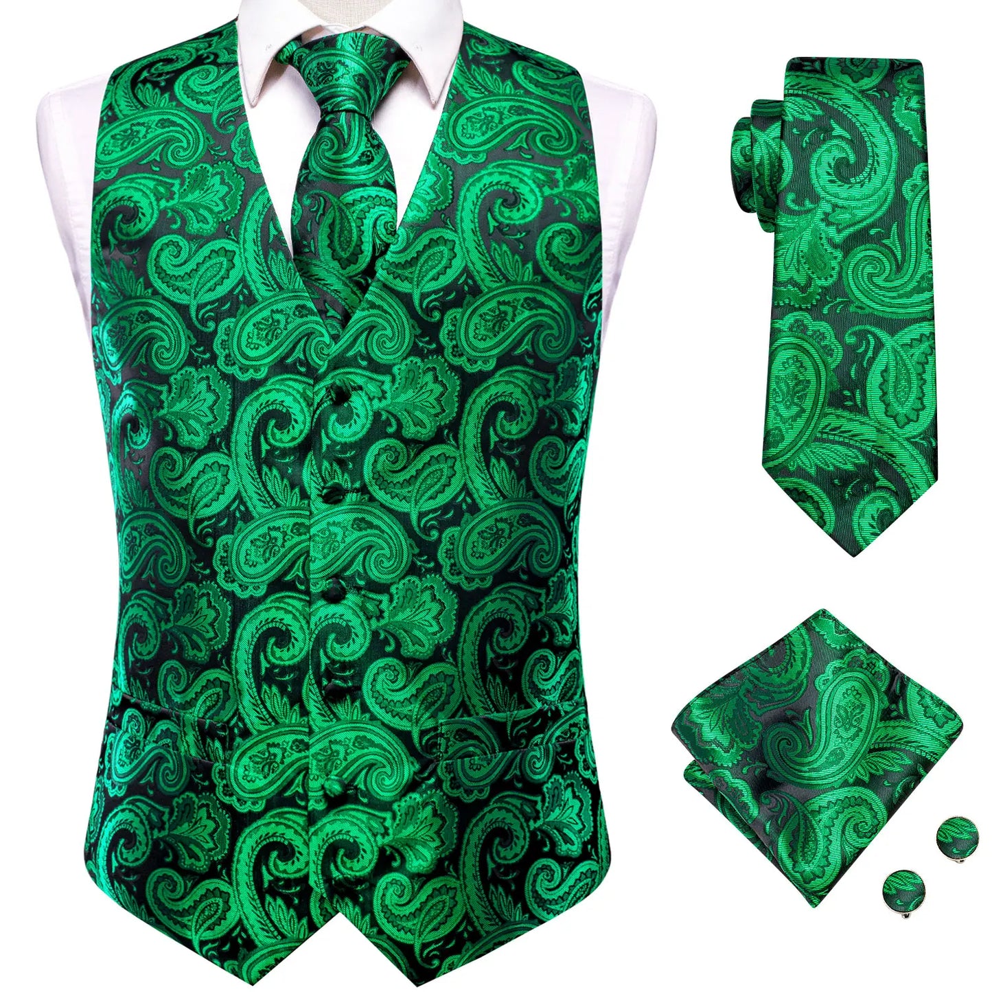 Silk Mens Vests Sleeveless Waist Jacket Jacquard Black Orange Floral Waistcoat Tie Hanky Cufflinks Set for Men Casual XXL
