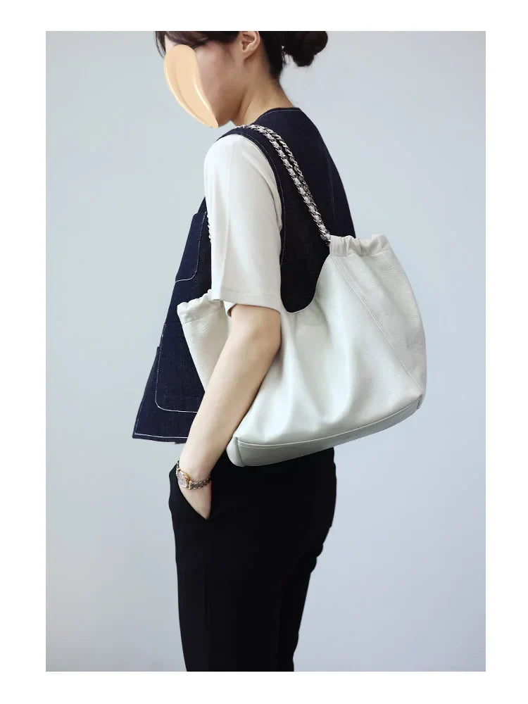 Women Genuine Leather Luxury Chain Single Shoulder Bags Large Capacity Soft Handbag Suitable For Working And Travling