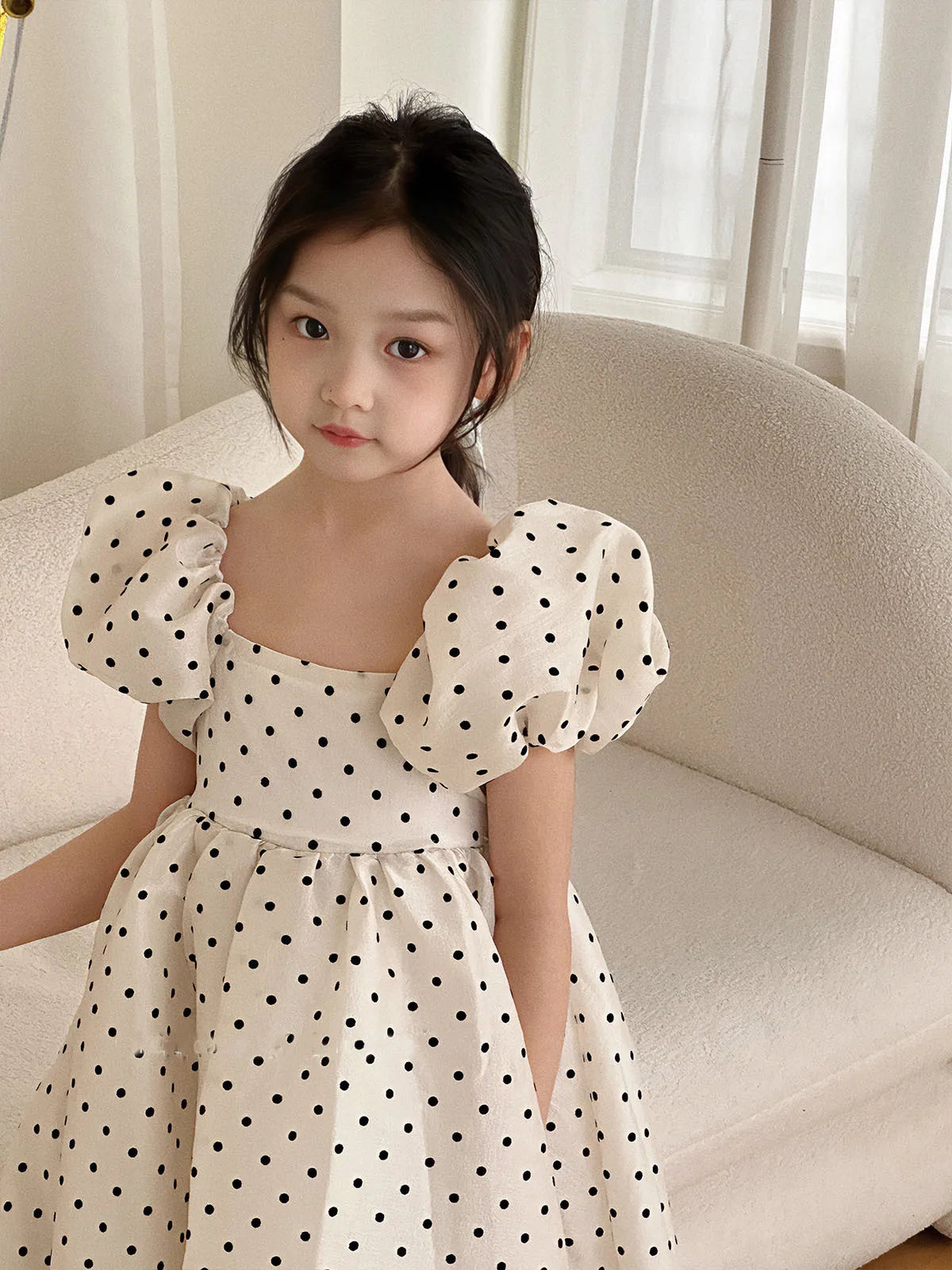 Girls Polka Dot Party Dress Summer Bubble Sleeves Princess Gown Understated Elegance Korean Japanese Style 2-7 Years
