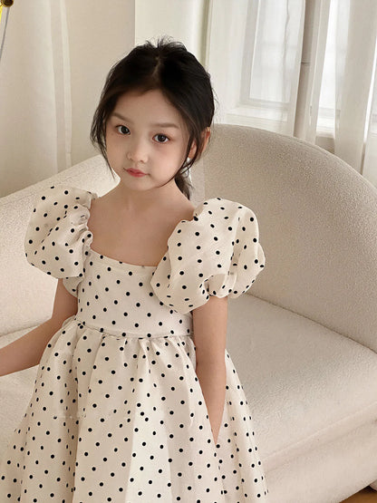 Girls Polka Dot Party Dress Summer Bubble Sleeves Princess Gown Understated Elegance Korean Japanese Style 2-7 Years