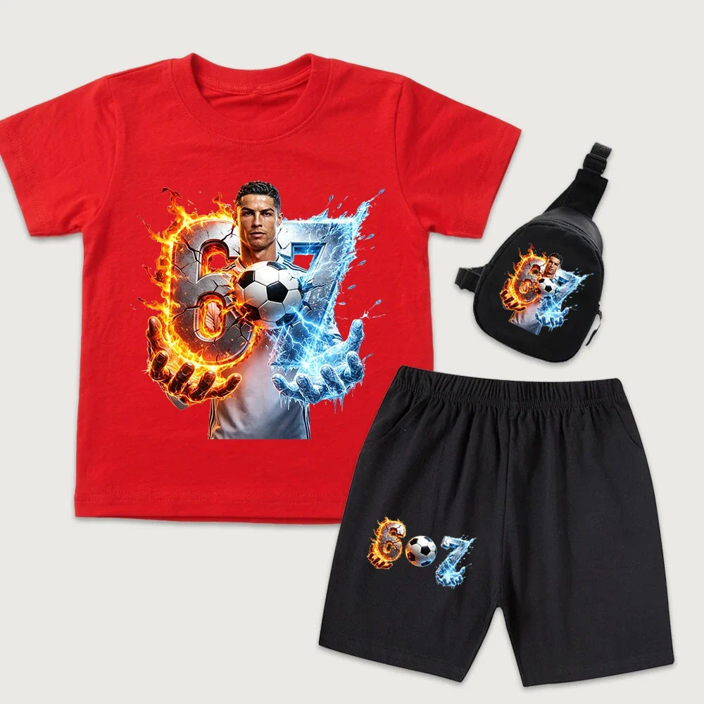 CR7 Ronaldo 67 Print Kids Cotton T Shirt Short Sleeve Casual Top with Mini Chest Bag Set for Boys Girls