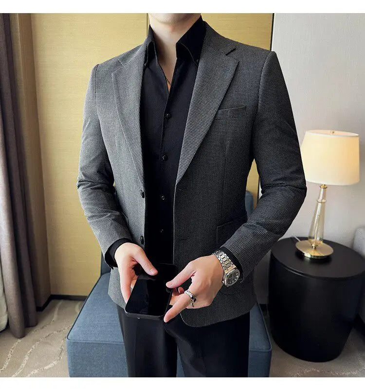 Korean Vintage Elegant Men's Business Slim Fit Suit Jacket 2026 New Fashion Lapel Single Breasted Men Social Party Dress Coats