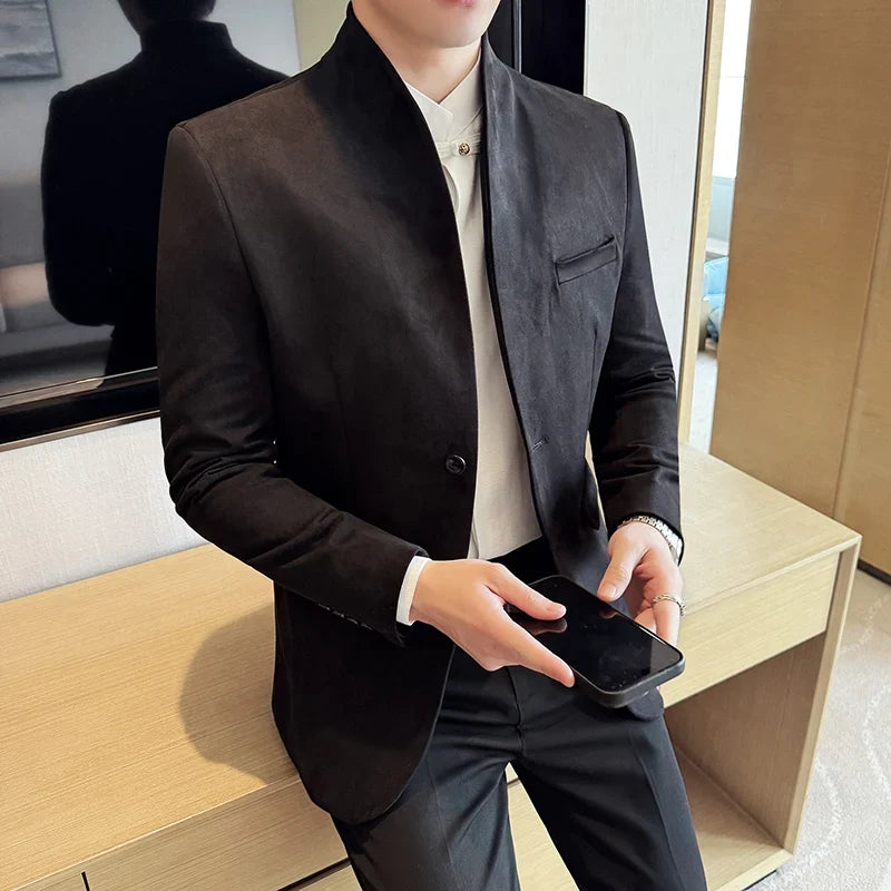 High Quality Cowhide Suede Suit Coats Men Fashion Slim Fit Stand Up Collar Business Casual Jacket Formal Groom Social Tuxedos