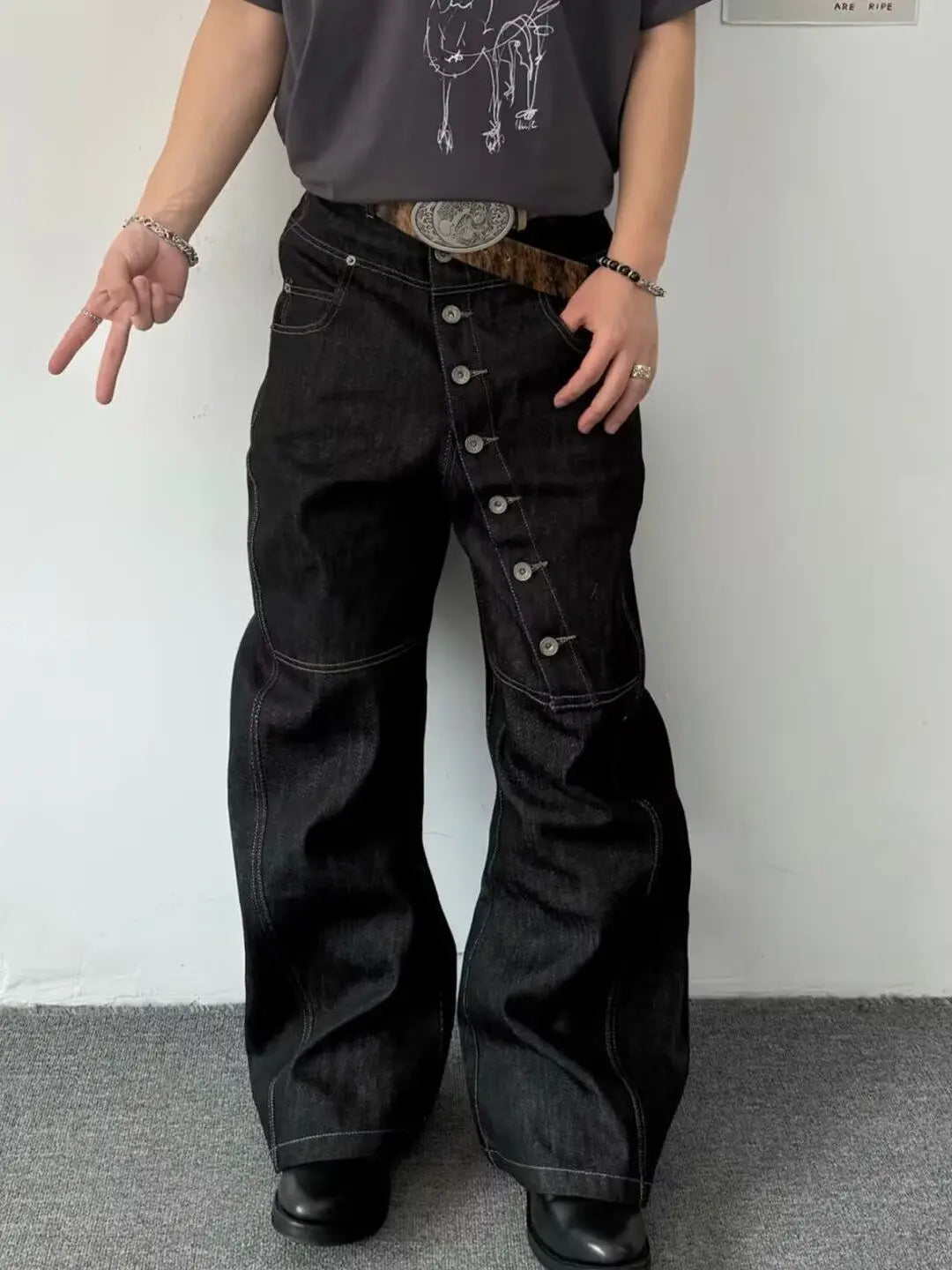 American Retro Long Row Button Design Men's Jeans High Street Loose Wide Leg Floor-Length Trousers Trendy Casual Jeans