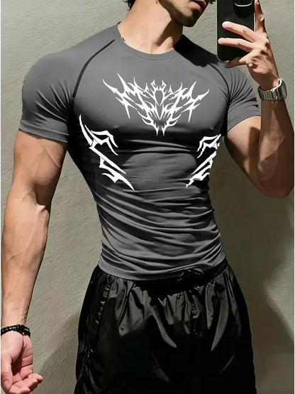 Men's sports tight short sleeved shirt with pink spider pattern print design, breathable, quick drying, sweat absorbing